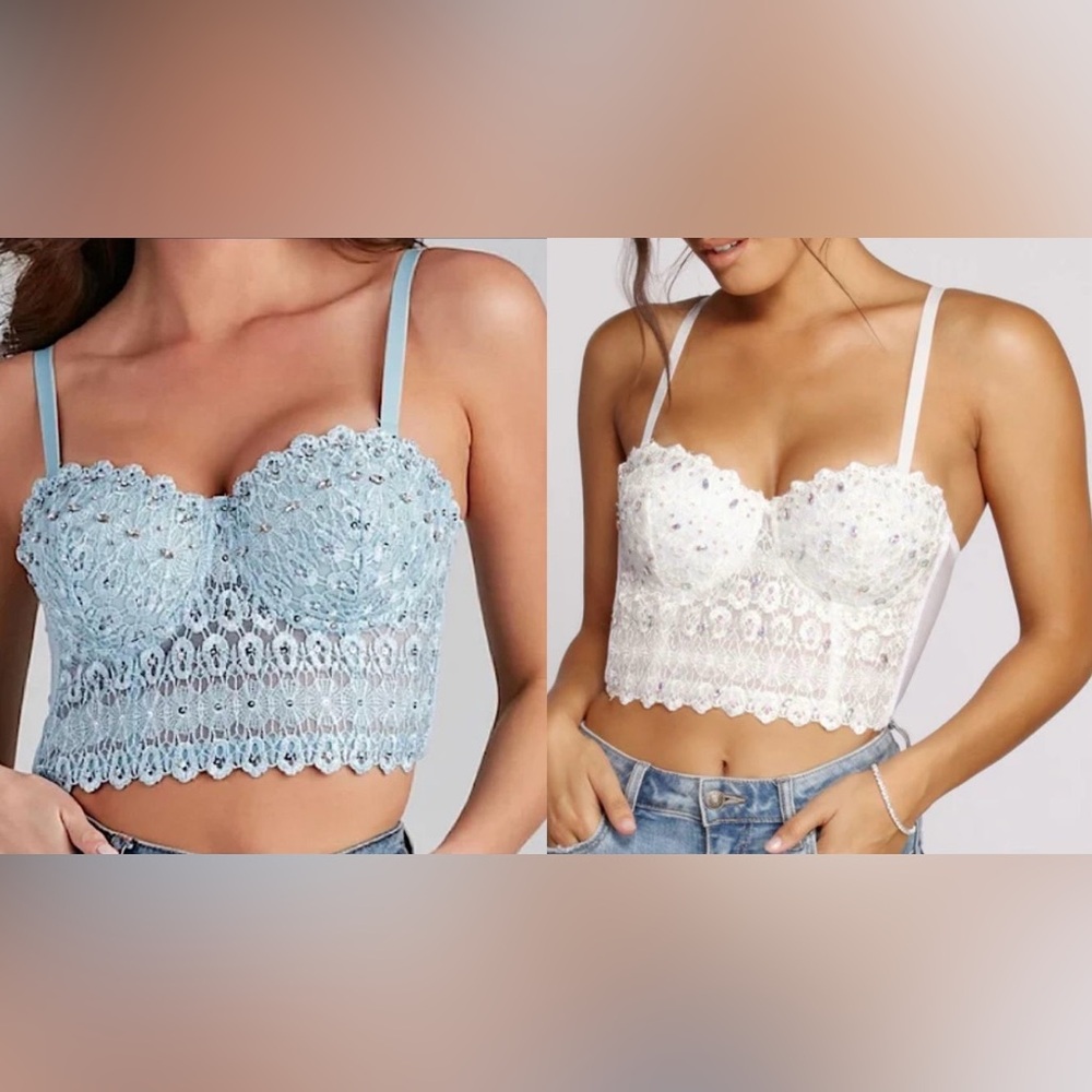 Windsor Bundle (2) Embellished Cropped Corset Tops M Sheer Lace  Coquette Y2K